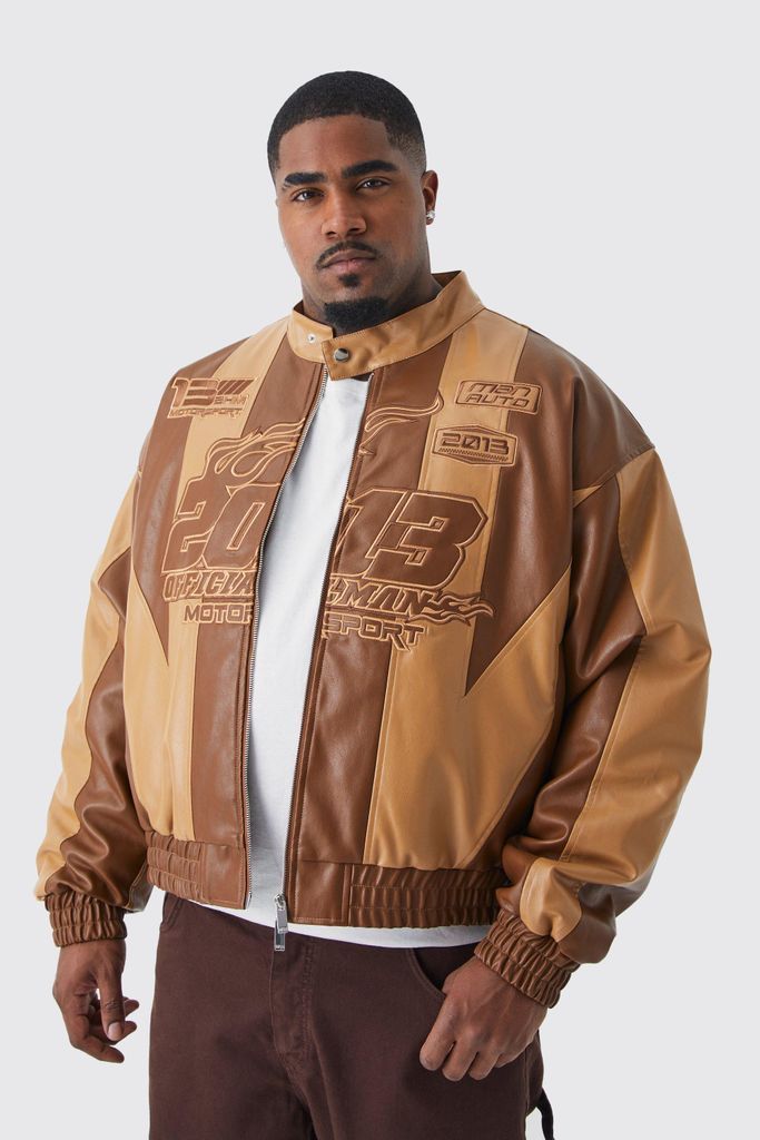 Men's Plus Boxy Pu Panelled Applique Moto Jacket - Brown - Xxxl, Brown