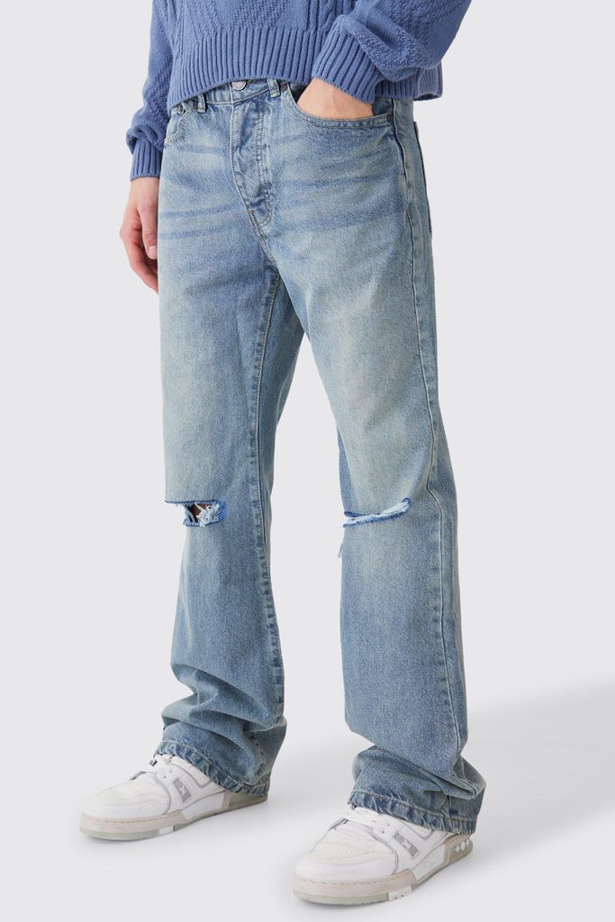 Men's Relaxed Rigid Flare Jean With Knee Rips - Blue - 28R, Blue