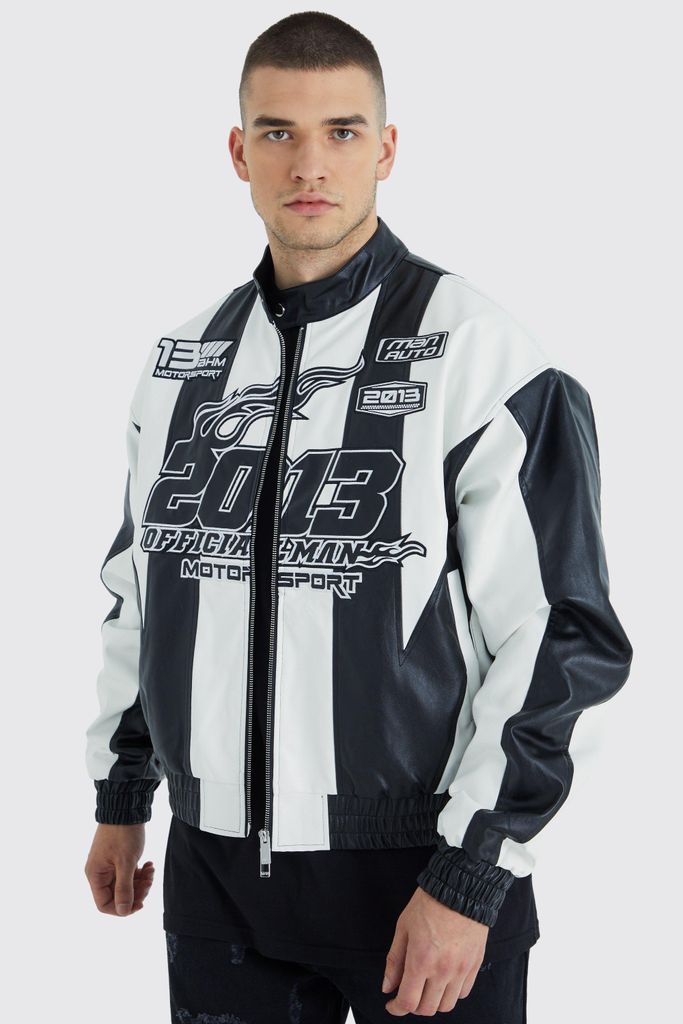 Men's Tall Boxy Pu Panelled Applique Moto Jacket - Black - S, Black