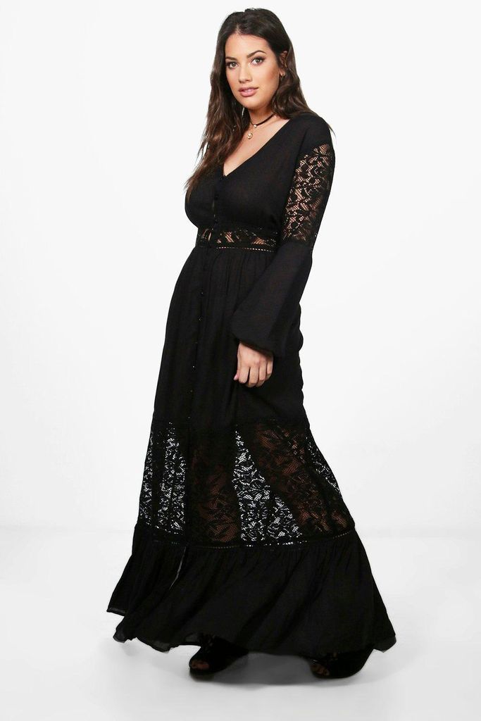 Womens Plus Boho Lace Insert Maxi Dress - Black - 16, Black