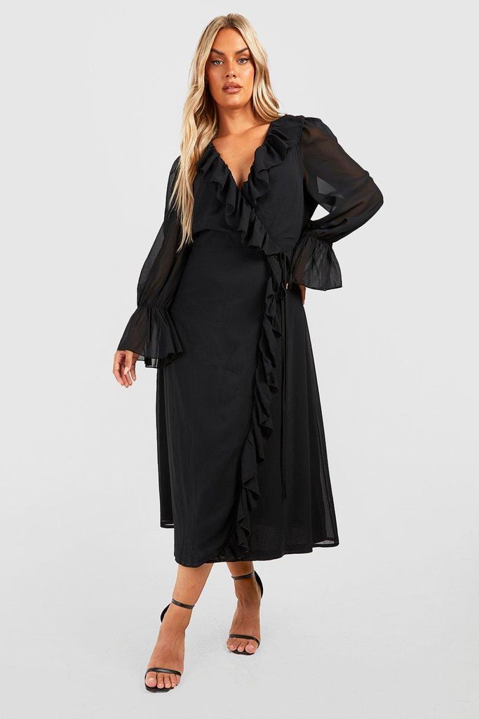 Womens Plus Ruffle Wrap Dress - Black - 28, Black