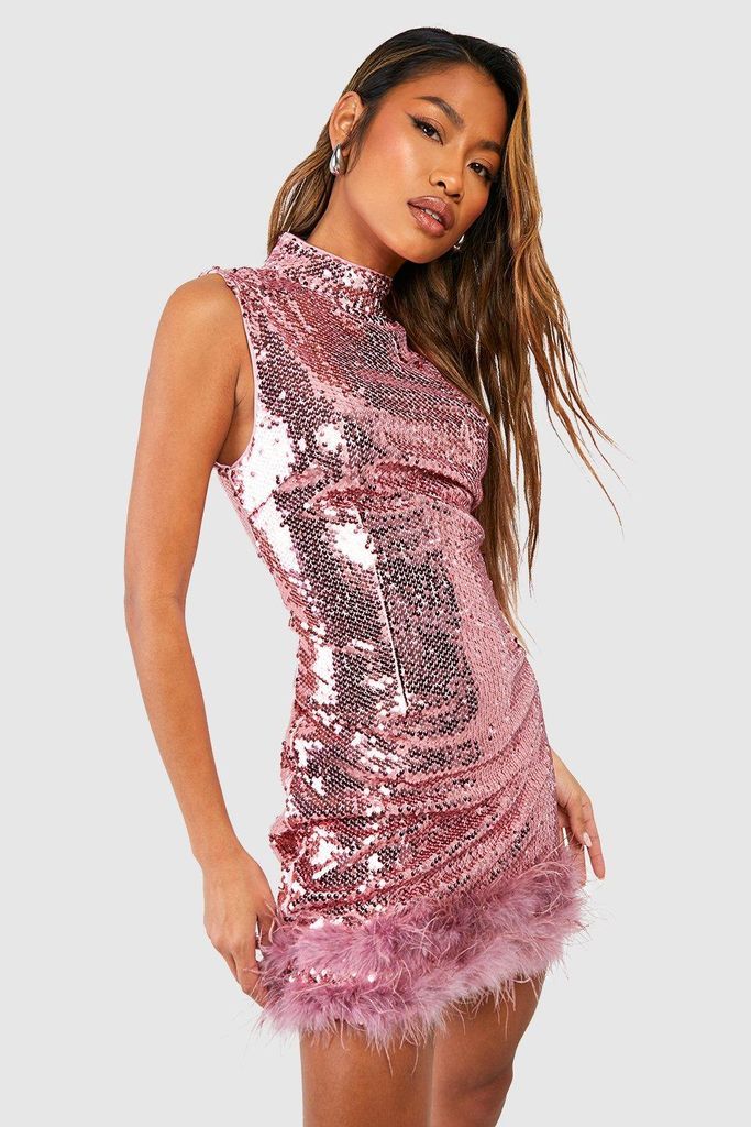 Womens Sequin High Neck Feather Detail Party Dress - Pink - 14, Pink