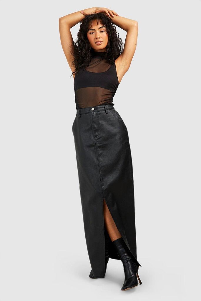 Womens Pu Coated Split Front Denim Maxi Skirt - Black - 6, Black