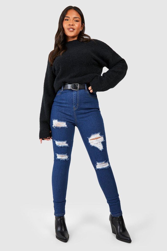 Womens Plus Distressed Skinny Jeans - Blue - 28, Blue