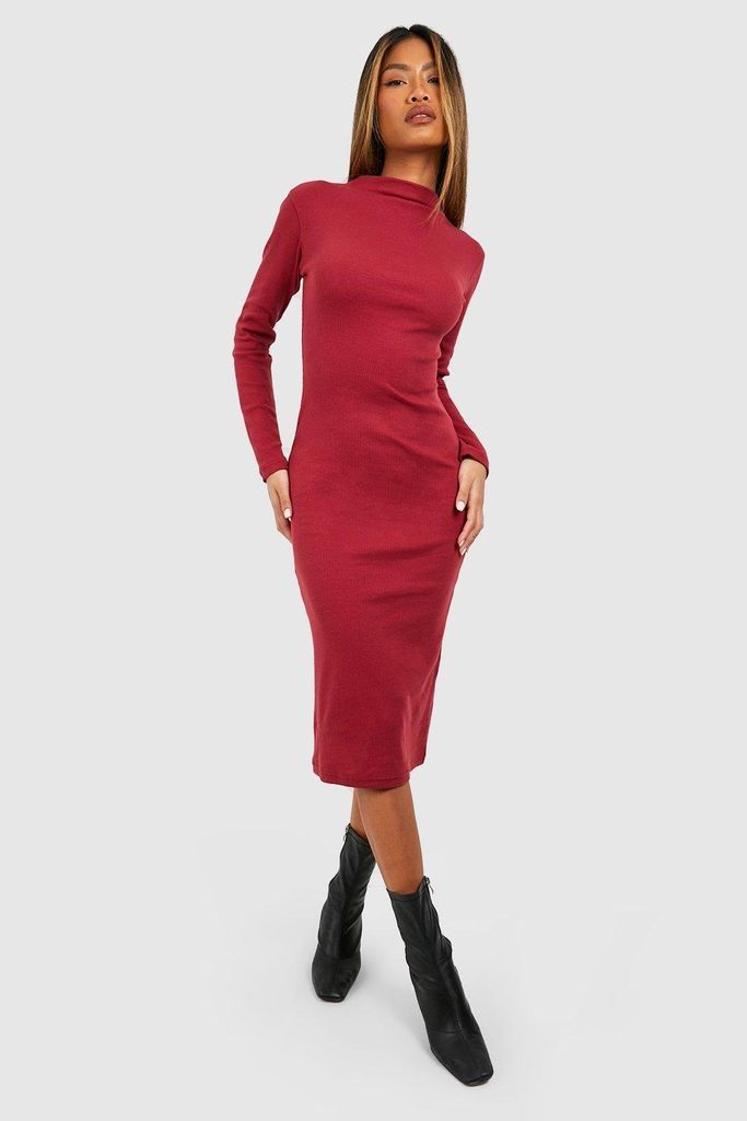 Womens Funnel Neck Rib Long Sleeve Midi Dress - Red - 14, Red