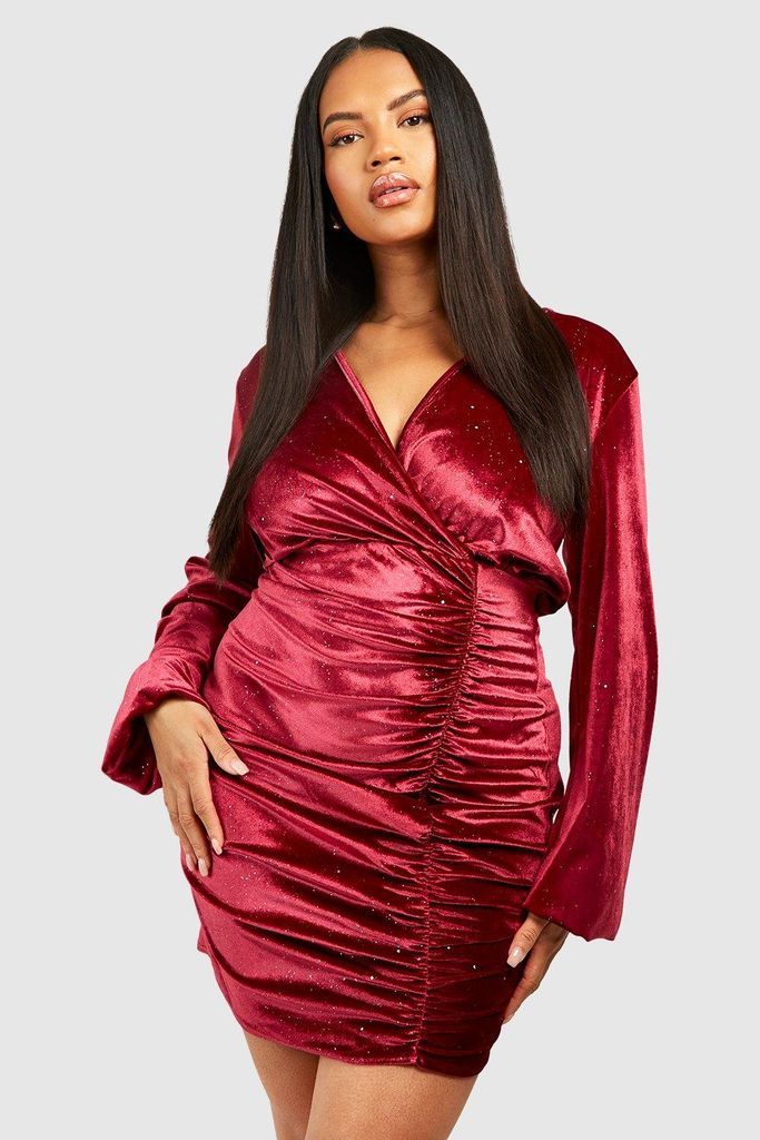 Womens Plus Glitter Velvet Ruched Boydcon Dress - Red - 28, Red