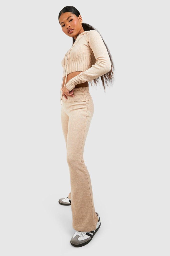 Womens Petite Knitted Fold Over Waist Flares - Beige - L, Beige