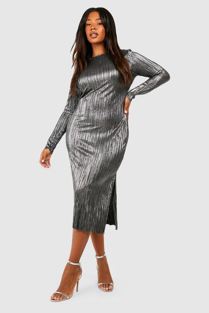 Womens Plus Metallic Plisse Long Sleeve Column Midi Dress - Grey - 28, Grey