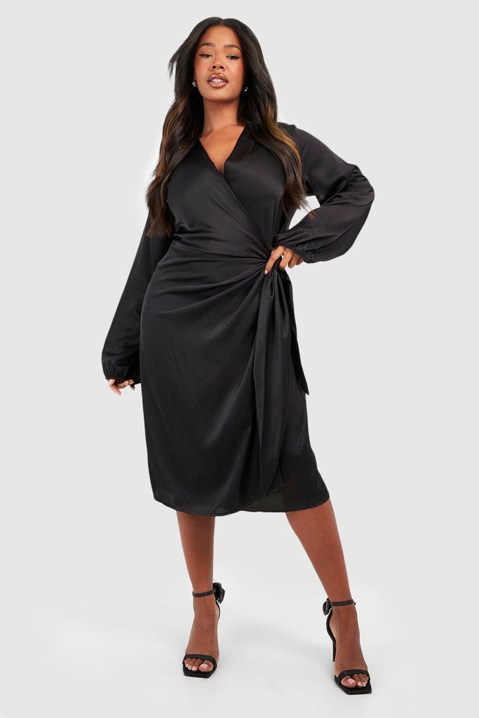 Womens Plus Satin Wrap Midi Dress - Black - 28, Black