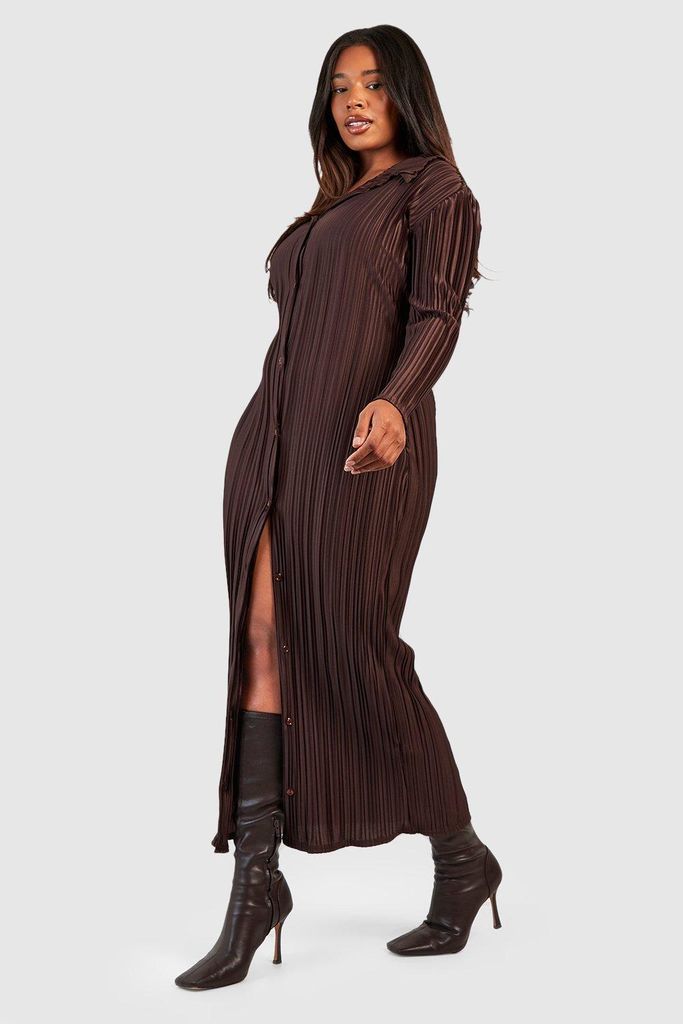 Womens Plus Wide Plisse Midaxi Shirt Dress - Brown - 28, Brown
