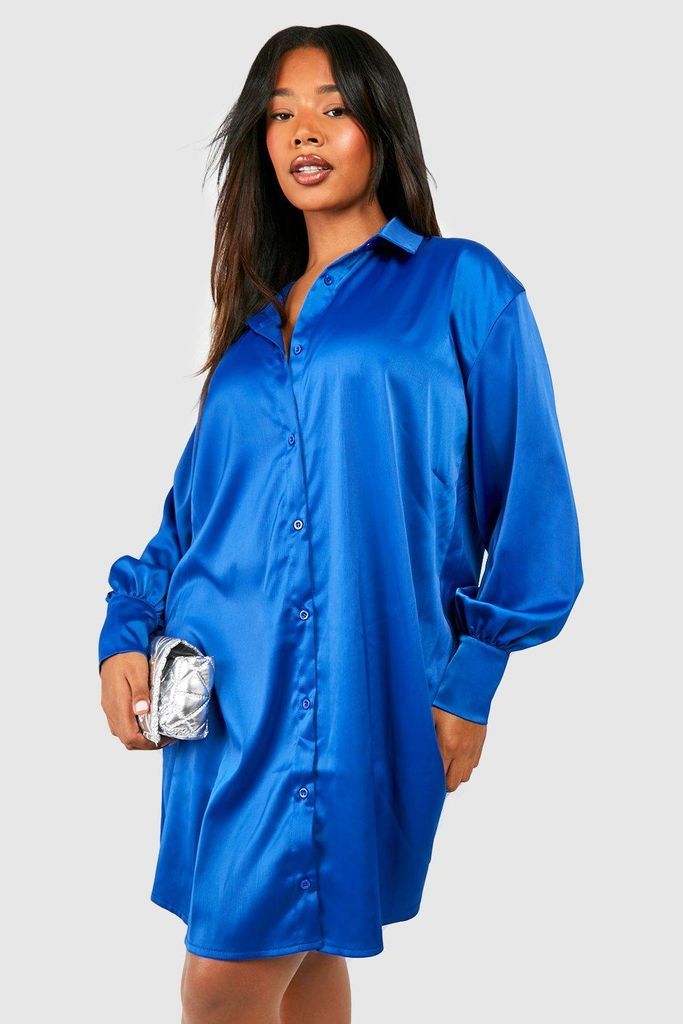 Womens Plus Satin Shirt Dress - Blue - 28, Blue