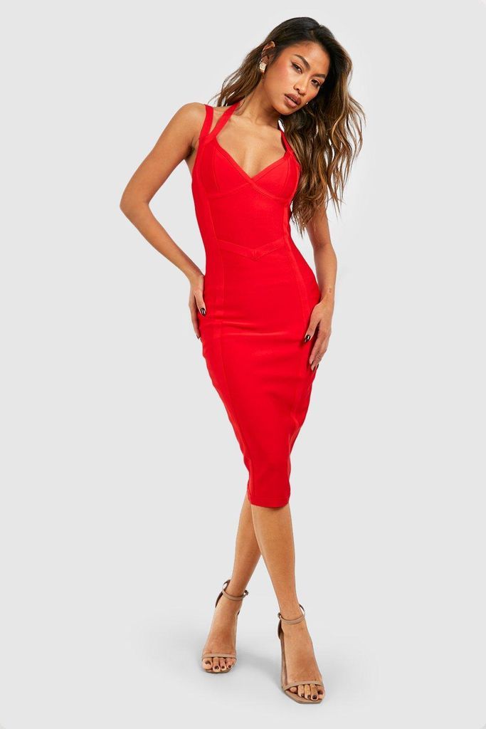 Womens Bandage Double Strap Midi Dress - Red - 14, Red