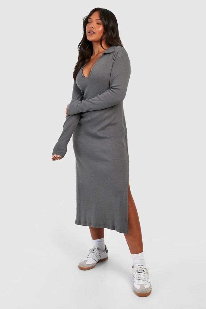 Womens Plus Cotton Collar Midi Dress - Grey - 28, Grey