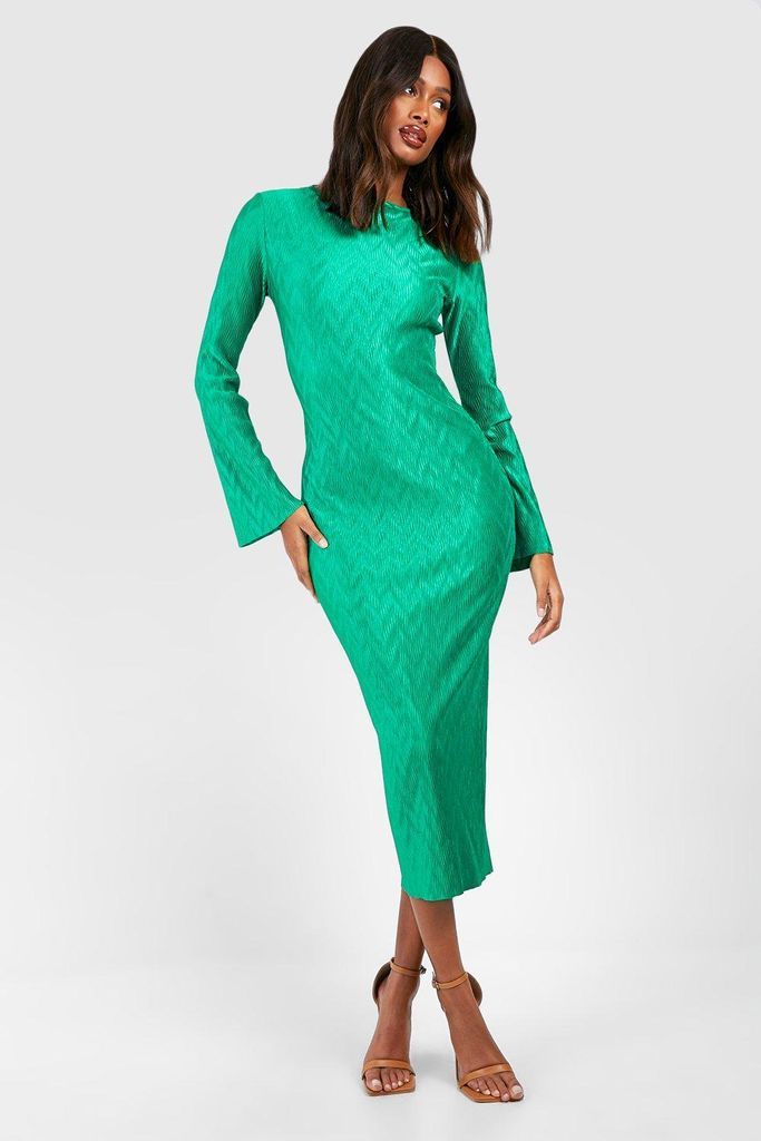 Womens Wave Plisse Flare Sleeve Midi Dress - Green - 8, Green