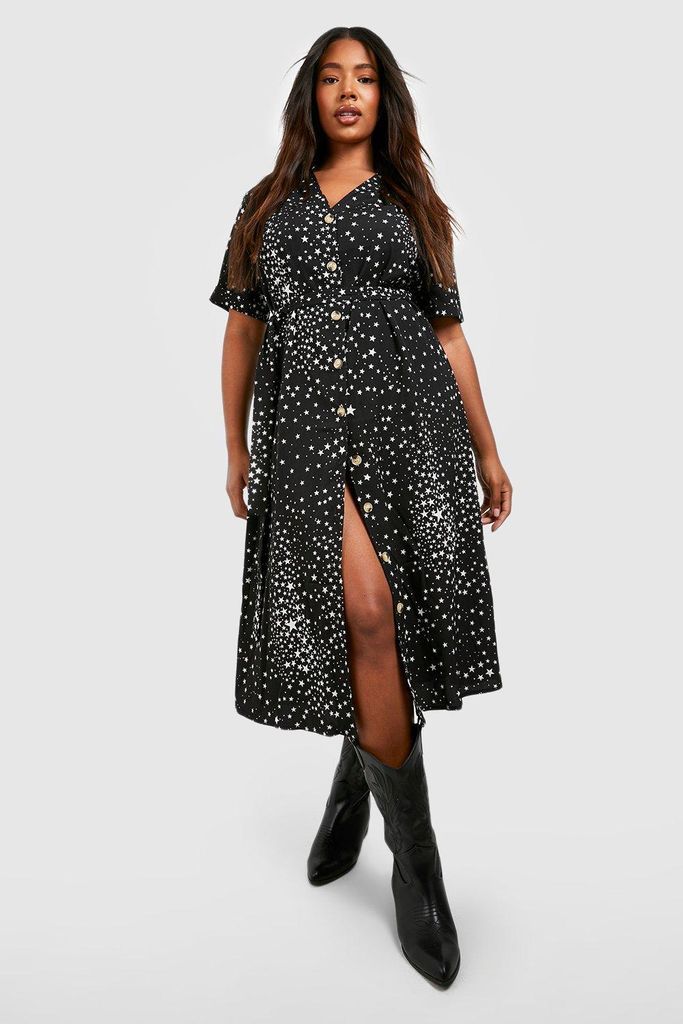 Womens Plus Star Print Button Detail Midi Dress - Black - 28, Black