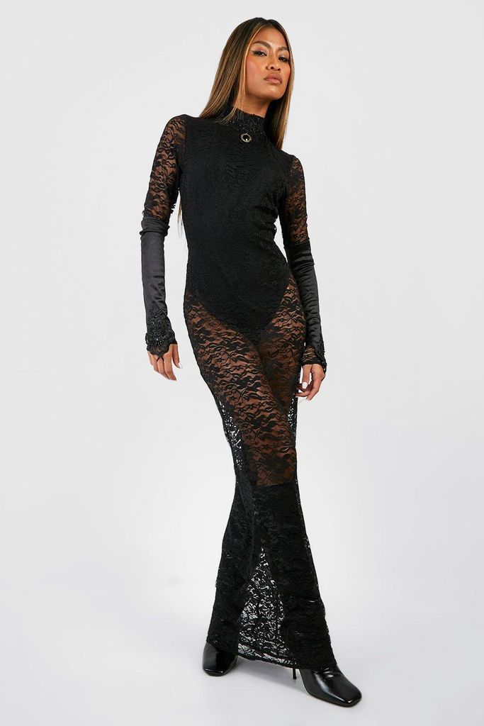 Womens Lace High Neck Backless Maxi Dress - Black - 16, Black