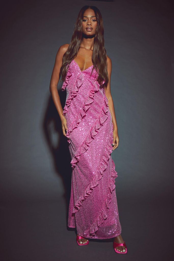 Womens Sequin Ruffle Maxi Dress - Pink - 10, Pink