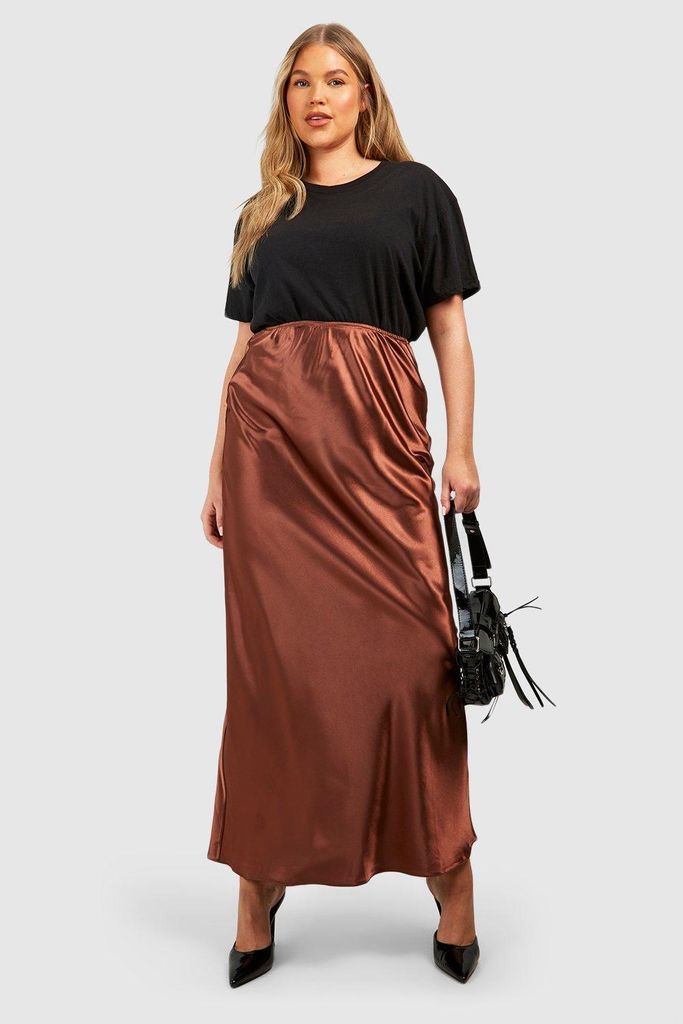 Womens Plus Satin Slip Maxi Skirt - Brown - 26, Brown