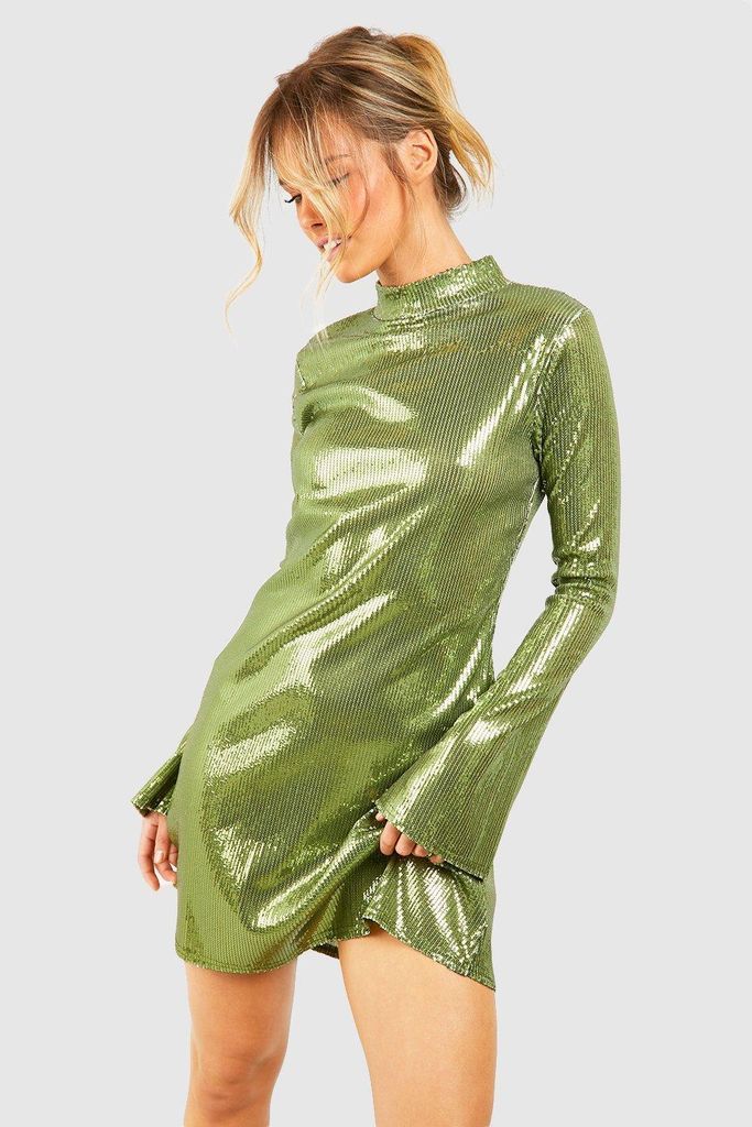 Womens Sequin High Neck Mini Dress - Green - 16, Green