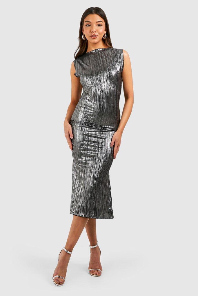 Womens Metallic Plisse High Neck Midi Dress - Grey - 14, Grey