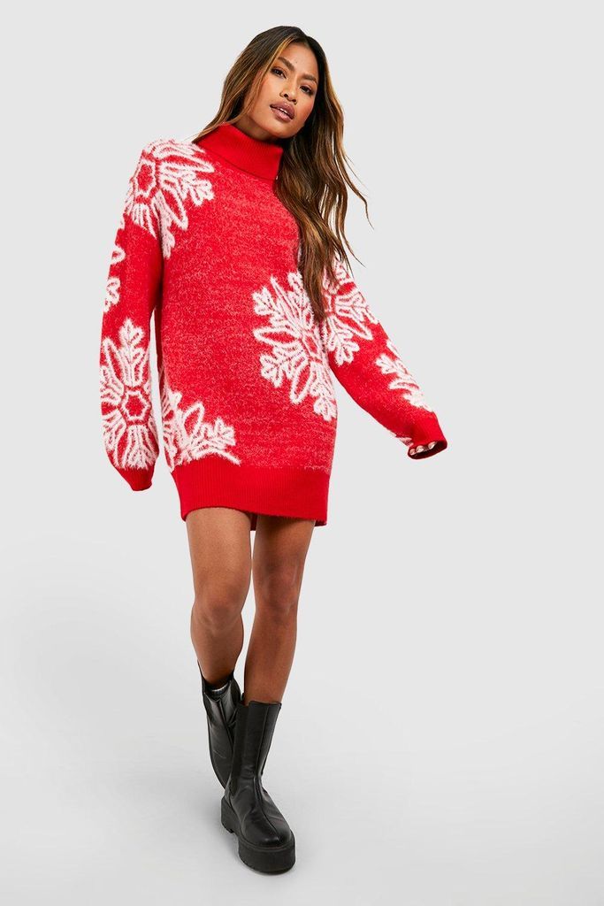 Womens Roll Neck Snowflake Fluffy Knit Christmas Jumper Dress - Red - M, Red