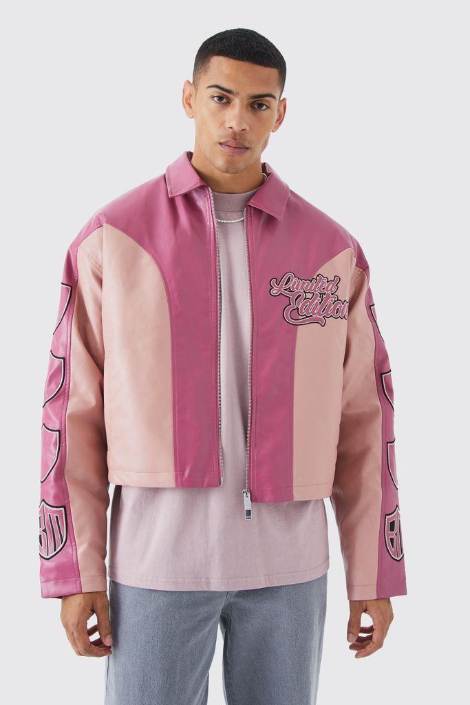 Men's Boxy Pu Contrast Panelled Bomber With Badges - Pink - S, Pink