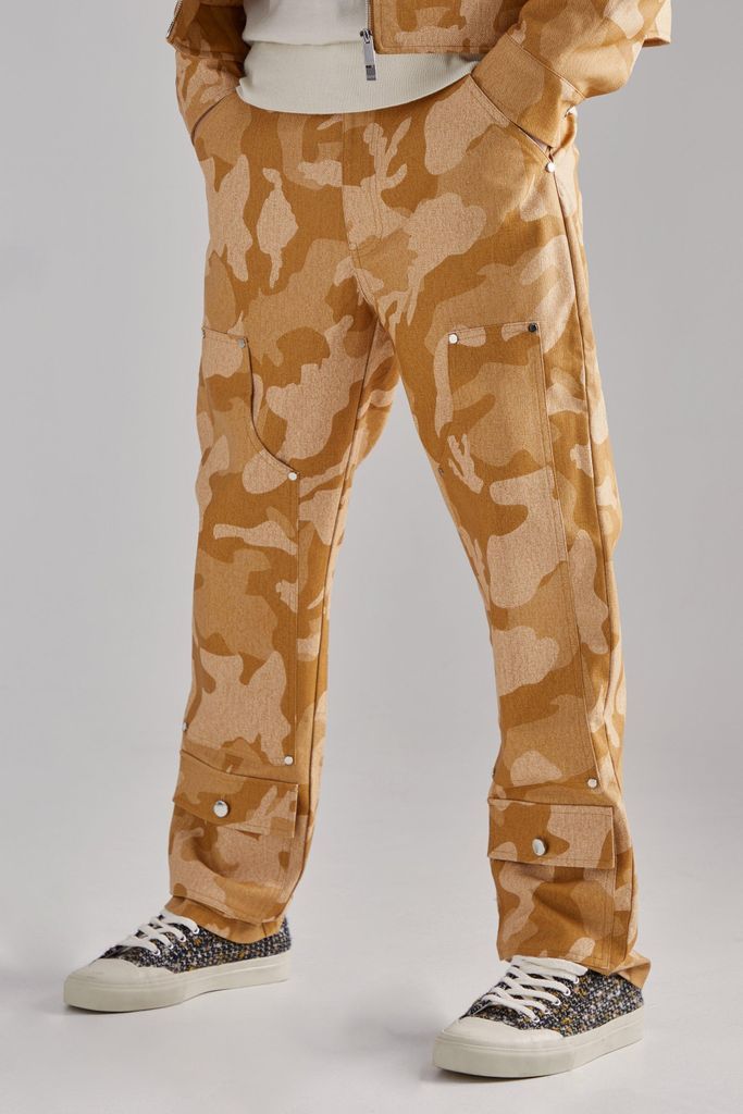 Men's Fixed Waist Straight Fit Camo Carpenter Trousers - Brown - 28, Brown
