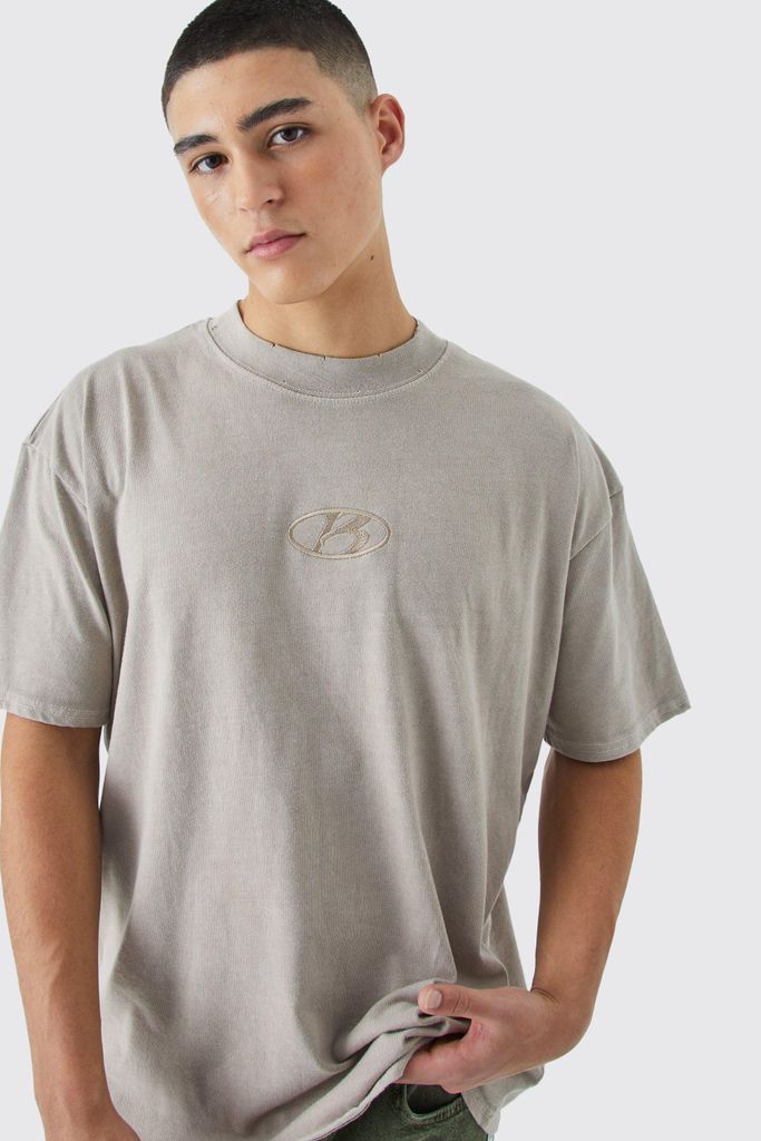 Men's Oversized Distressed Washed Embroidered T-Shirt - Beige - S, Beige