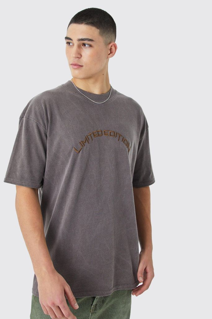 Men's Oversized Distressed Washed Embroidered T-Shirt - Brown - S, Brown