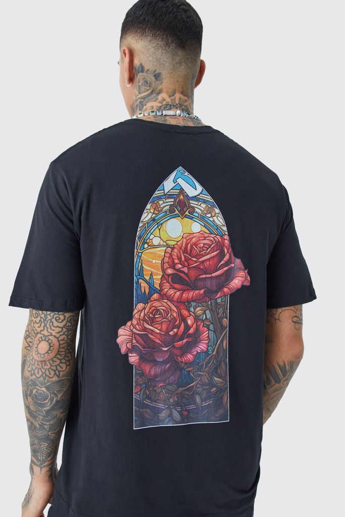 Men's Tall Oversized Rennaisance Roses Back Print T-Shirt - Black - S, Black
