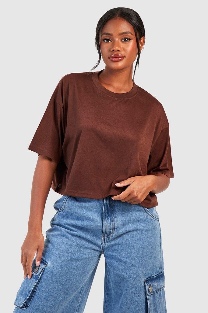 Womens Basic Cotton Boxy Cropped T-Shirt - Brown - 6, Brown