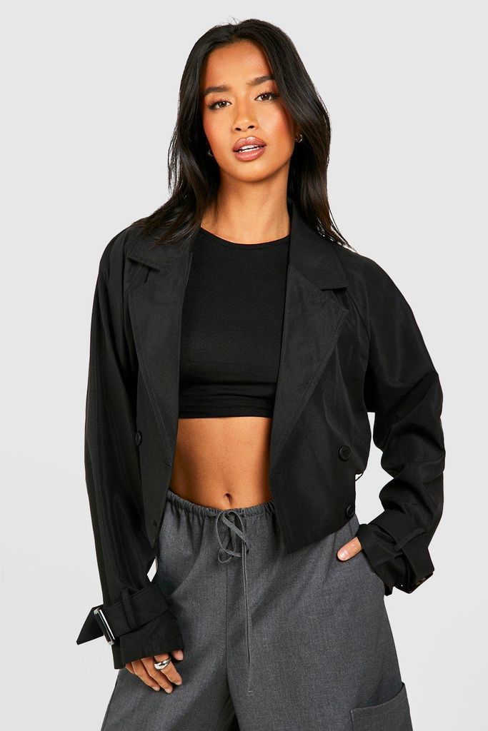 Womens Petite Belted Buckle Detail Crop Trench - Black - 6, Black