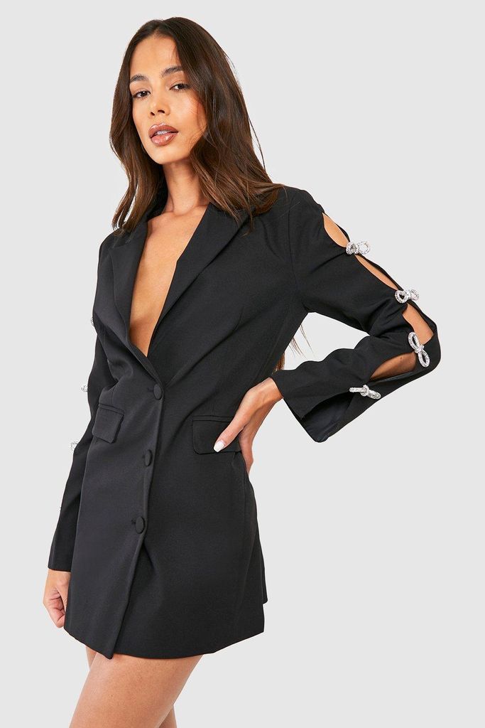Womens Premium Diamante Bow Detail Fitted Blazer Dress - Black - 6, Black