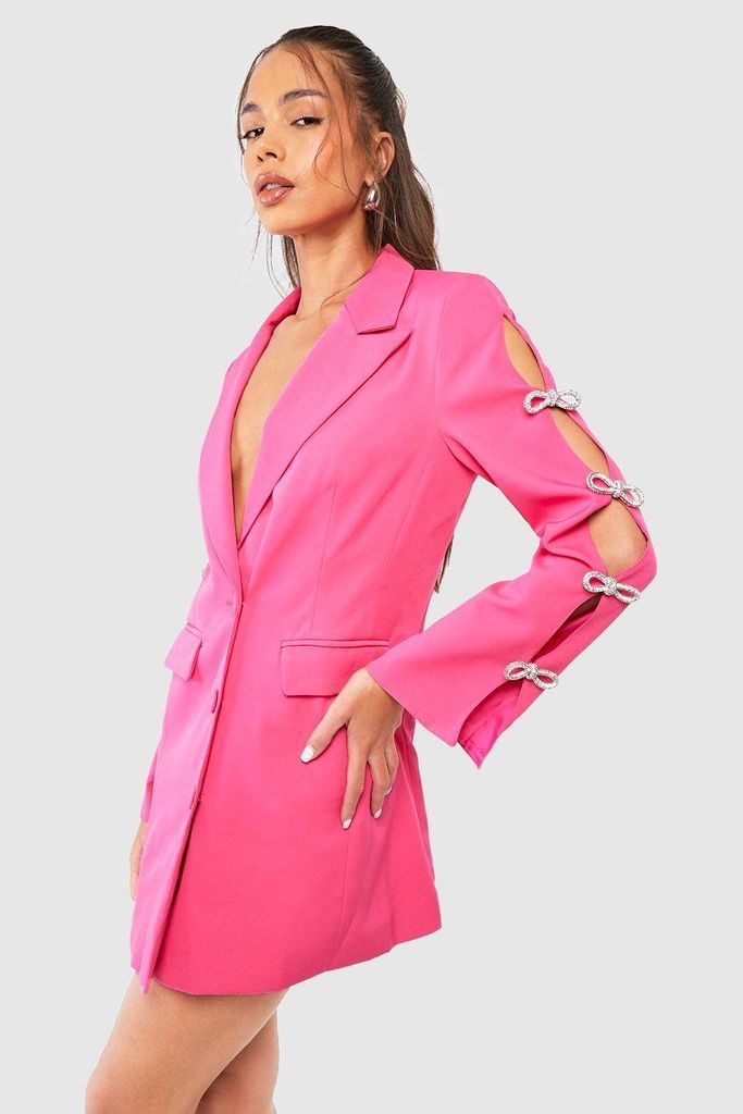 Womens Premium Diamante Bow Detail Fitted Blazer Dress - Pink - 6, Pink