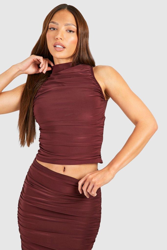 Womens Tall Double Slinky Ruched Front Racer Top - Brown - 8, Brown