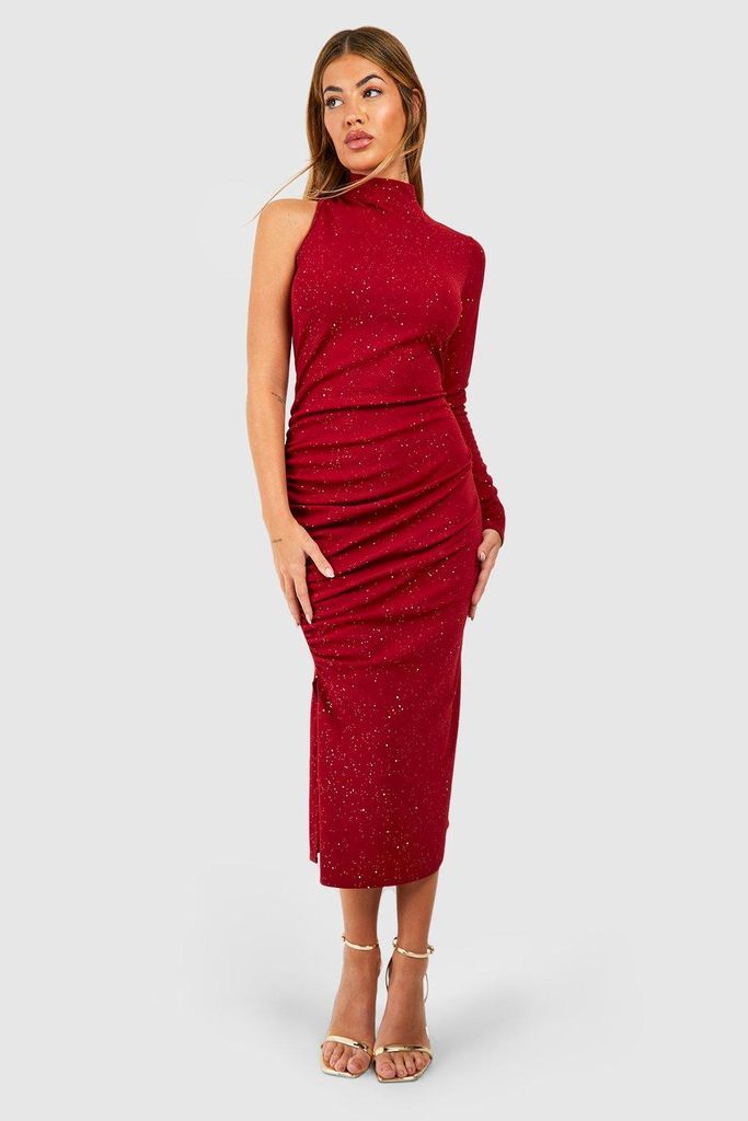 Womens One Shoulder Glitter Crepe Midi Dress - Red - 16, Red