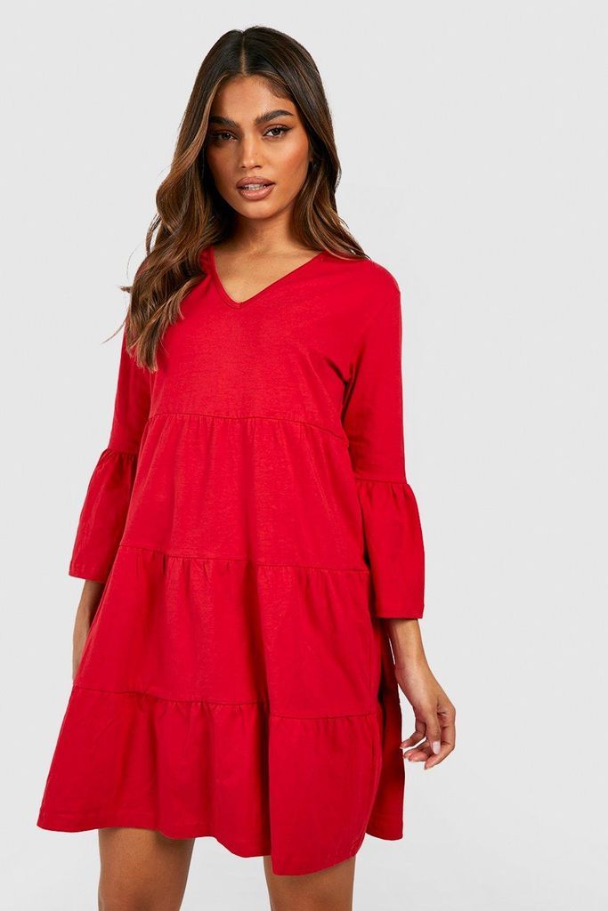 Womens Wrap Tiered Smock Dress - 12, Red
