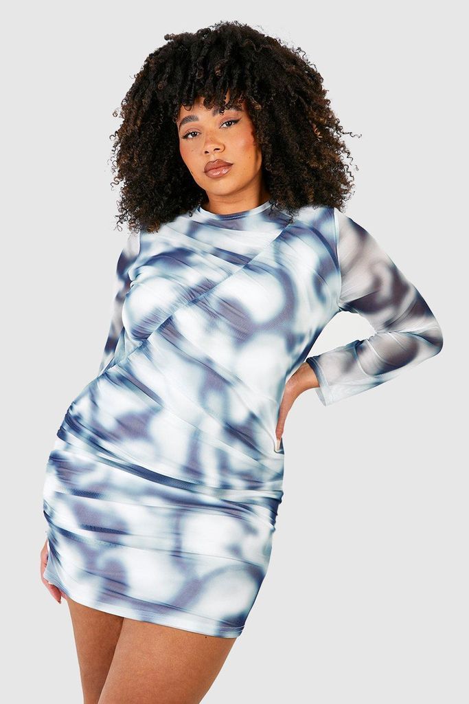 Womens Plus Marble Tie Dye Ruched Bodycon Dress - Blue - 18, Blue
