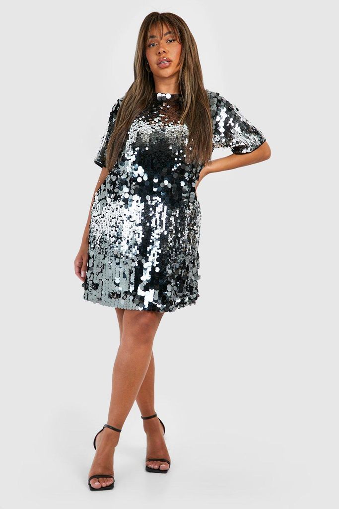 Womens Plus Disc Sequin Oversized T-Shirt Party Dress - Grey - 28, Grey