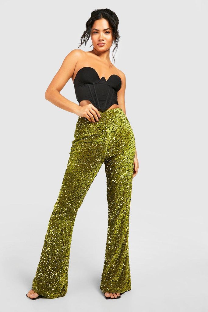 Womens Velvet Sequin High Waisted Flared Trousers - Yellow - 6, Yellow