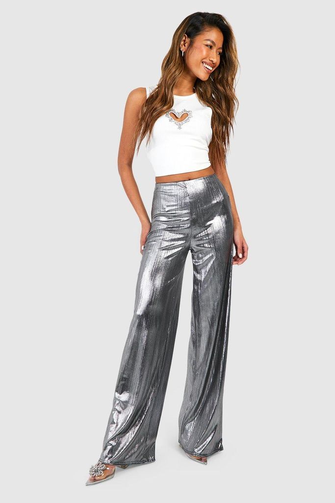 Womens Metallic Foil High Waisted Wide Leg Trousers - Metallics - 16, Metallics