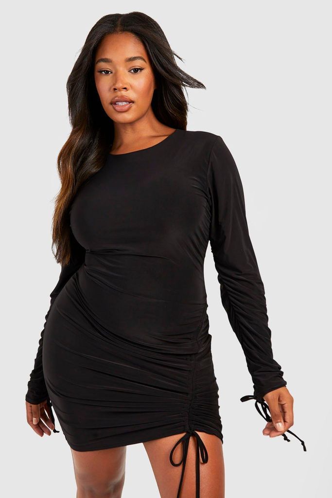 Womens Plus Double Slinky Ruched Sleeve Detail Bodycon Dress - Black - 28, Black