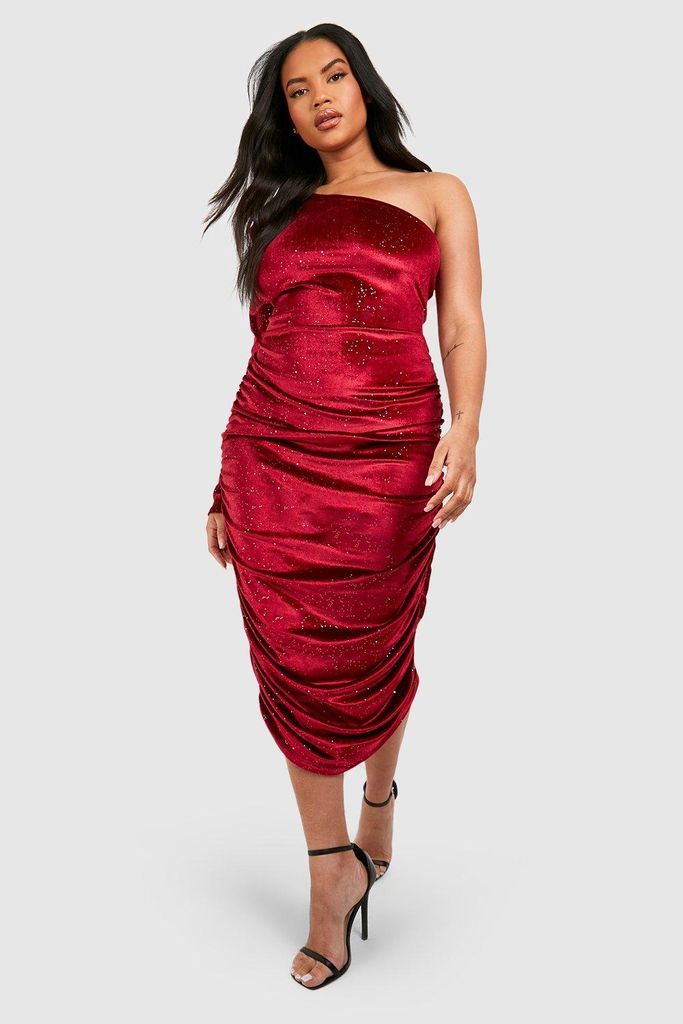 Womens Plus One Shoulder Glitter Velvet Midi Dress - Red - 28, Red