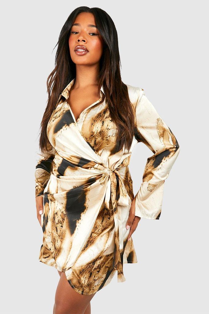 Womens Plus Marble Print Wrap Shirt Dress - Brown - 28, Brown