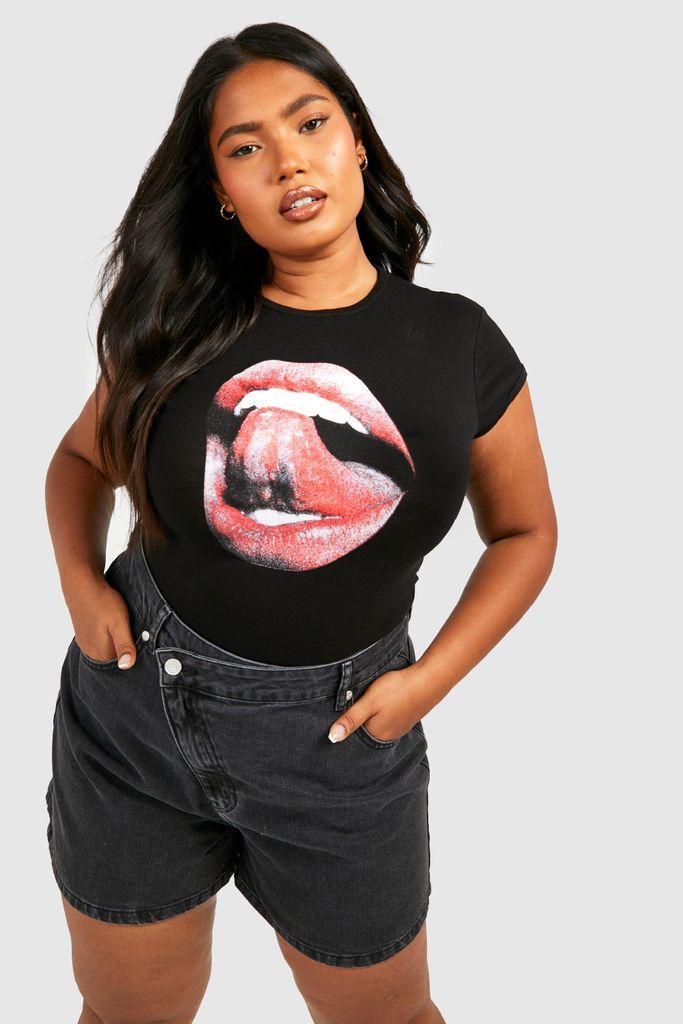 Womens Plus Cap Sleeve Fitted Lips T-Shirt - Black - 24, Black