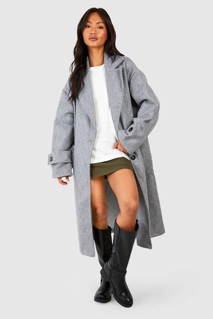 Womens Cuff Detail Oversized Wool Look Jacket - Grey - 14, Grey