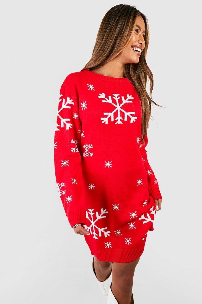 Womens Snowflake Christmas Jumper Dress - Red - S, Red