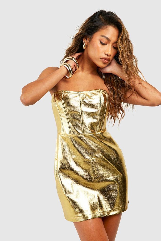 Womens Metallic Corset Mini Dress - Gold - 12, Gold