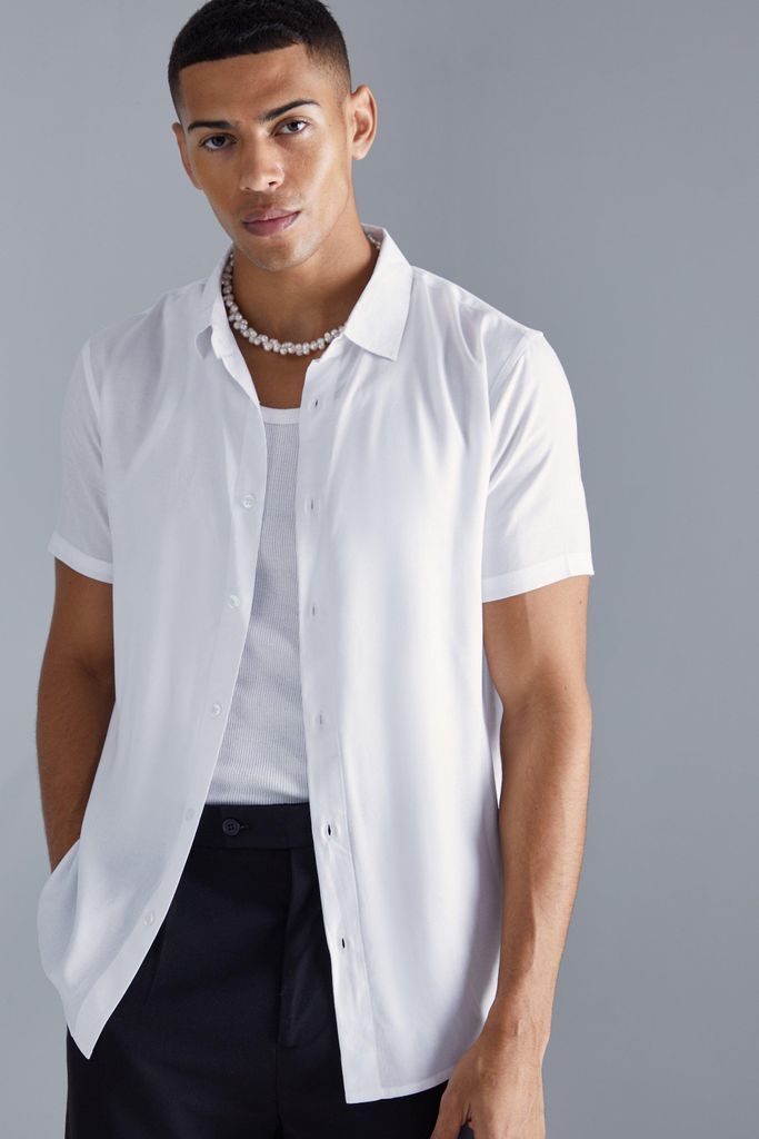 Men's Plain Viscose Short Sleeve Shirt - White - S, White