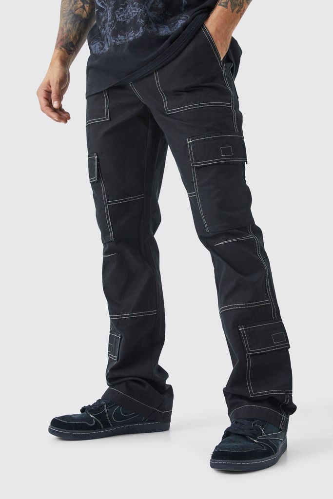 Men's Slim Flare Multi Cargo Contrast Stitch Trouser - Black - 28, Black